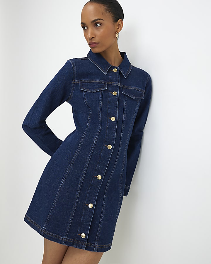 Blue Denim Long Sleeve Button Up Mini Dress