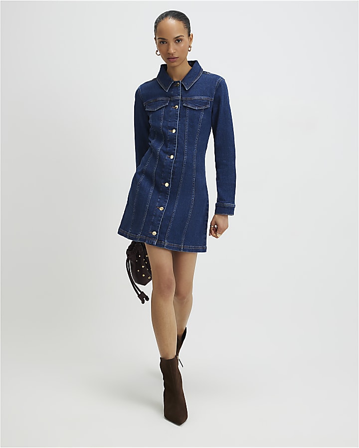 Blue Denim Long Sleeve Button Up Mini Dress