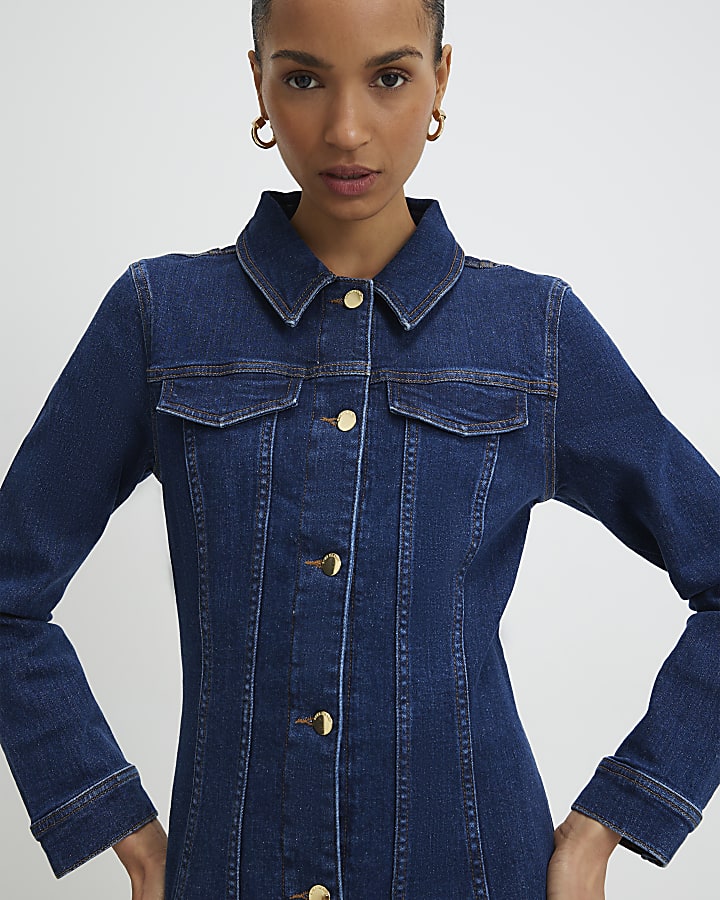 Blue Denim Long Sleeve Button Up Mini Dress