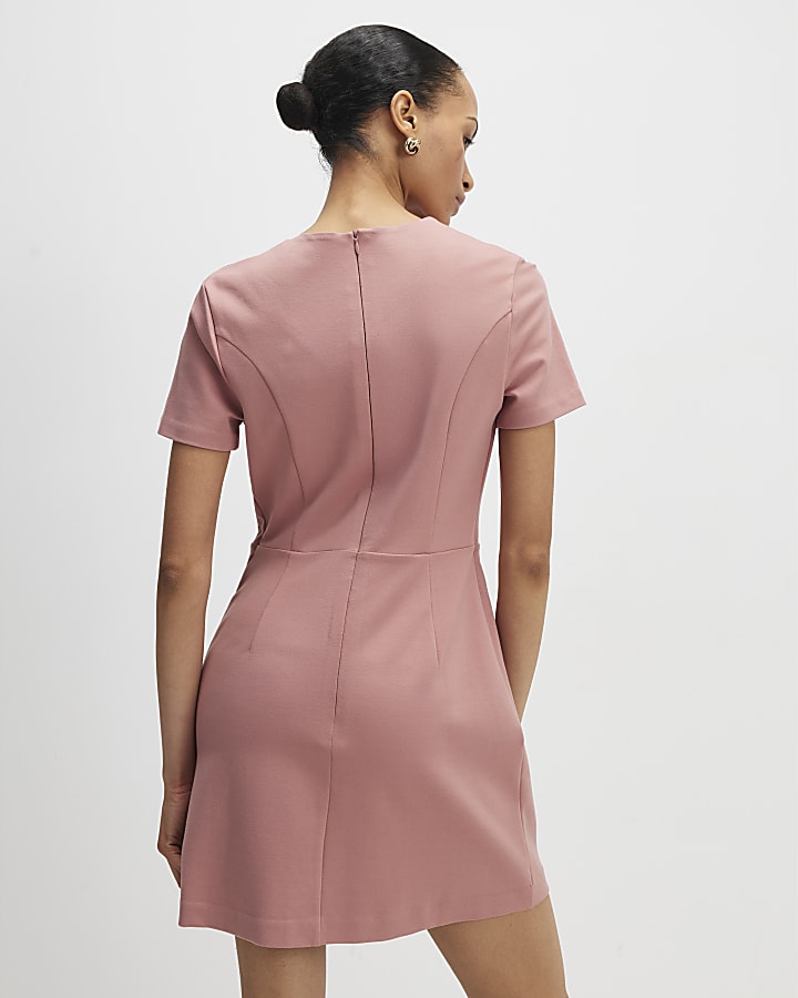 Pink Short Sleeve Scallop Trim Mini Dress