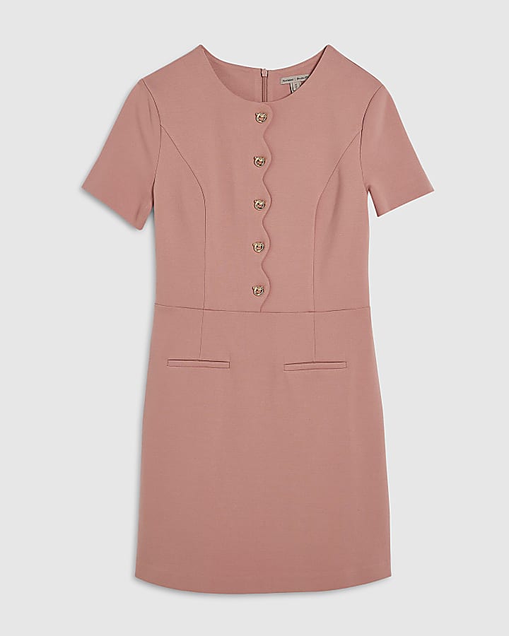 Pink Short Sleeve Scallop Trim Mini Dress