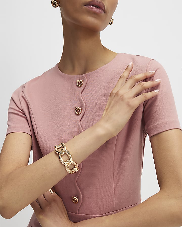 Pink Short Sleeve Scallop Trim Mini Dress