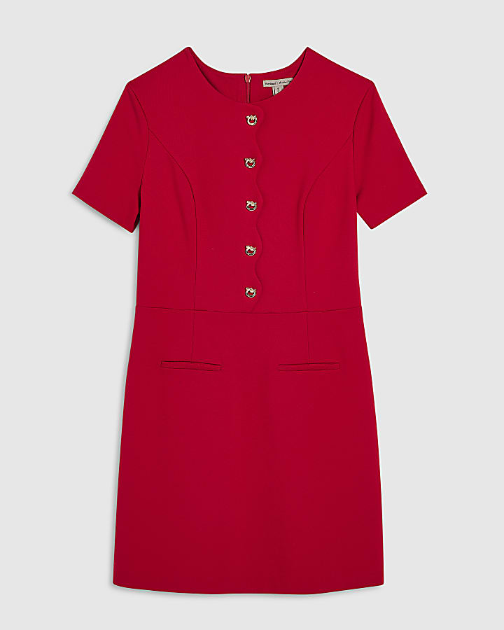 Red Short Sleeve Scallop Trim Mini Dress