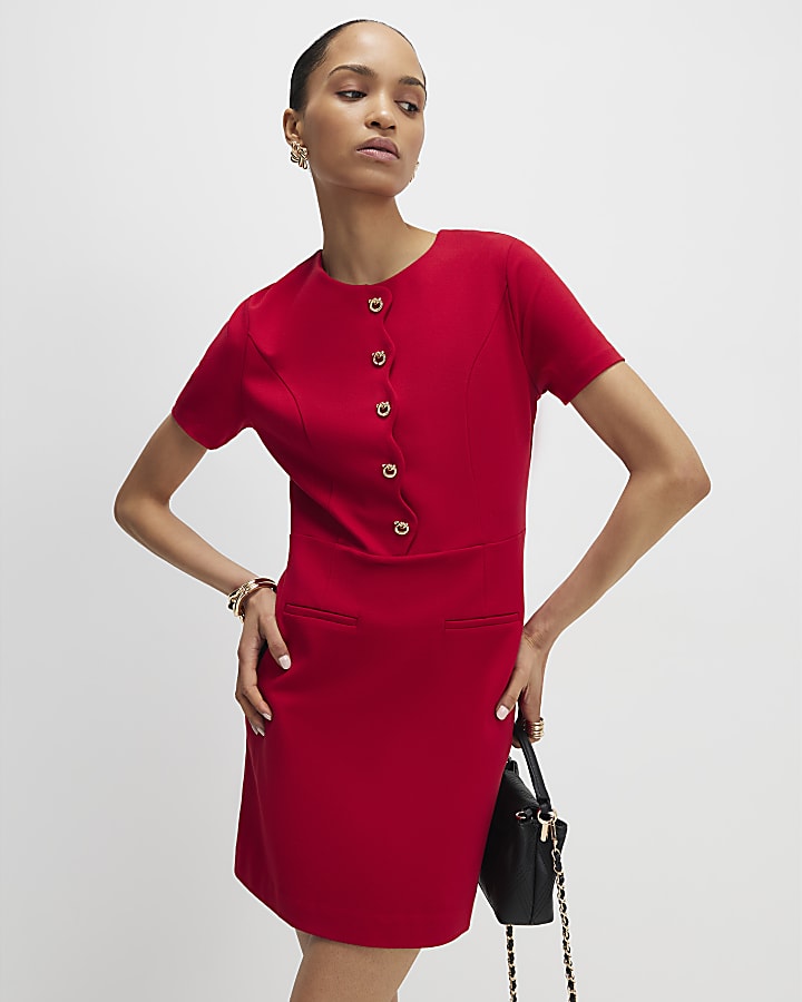Red Short Sleeve Scallop Trim Mini Dress