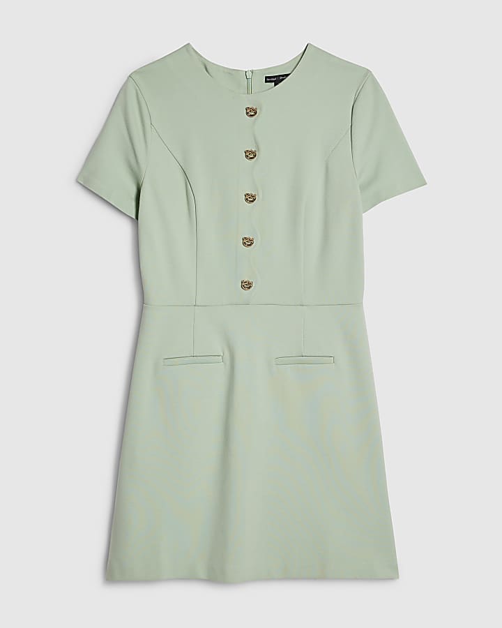 Green Short Sleeve Scallop Trim Mini Dress