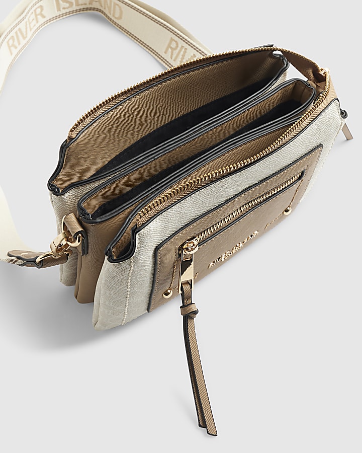 Beige Zip Front Pocket Cross Body Bag