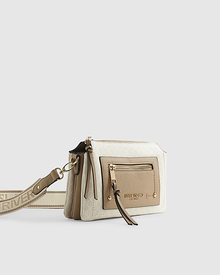 Beige Zip Front Pocket Cross Body Bag