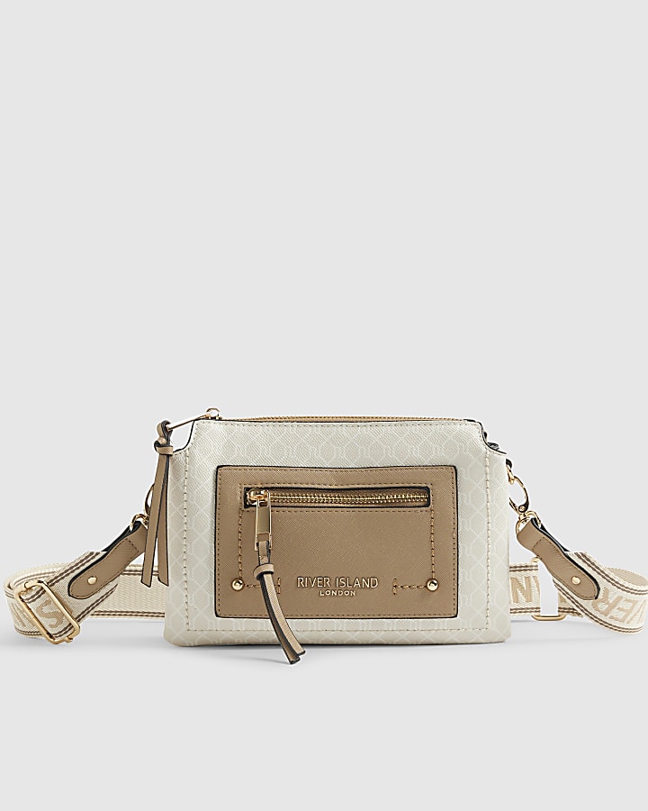 Beige Zip Front Pocket Cross Body Bag