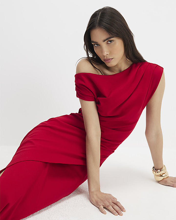 Red Draped Midi Dress