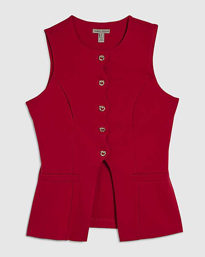 Red Sleeveless Scallop Trim Waistcoat