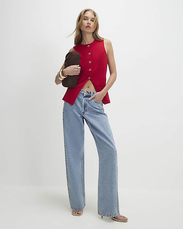 Red Sleeveless Scallop Trim Waistcoat