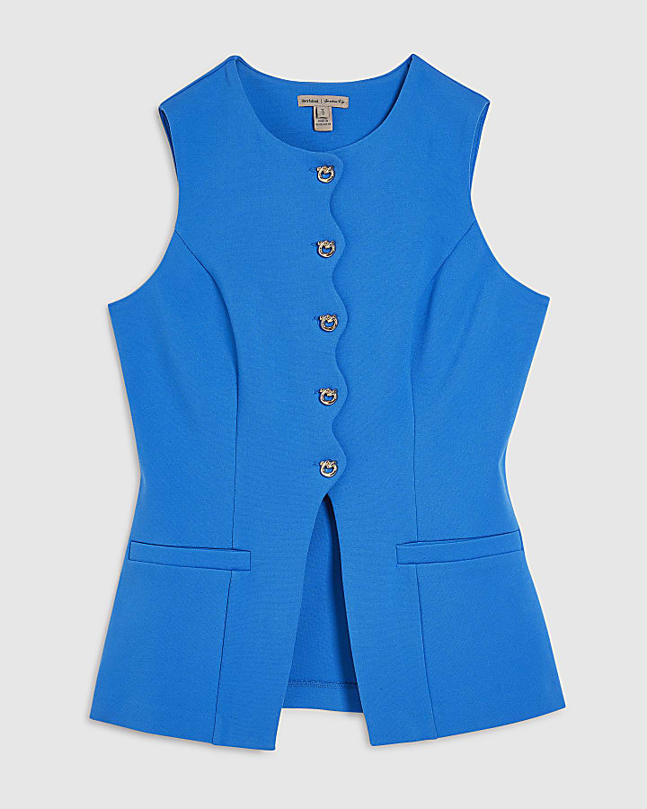 Blue Scallop Trim Tailored Waistcoat