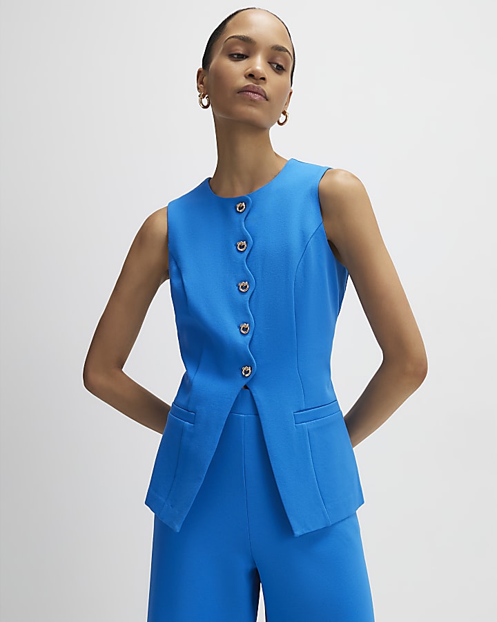 Blue Scallop Trim Tailored Waistcoat