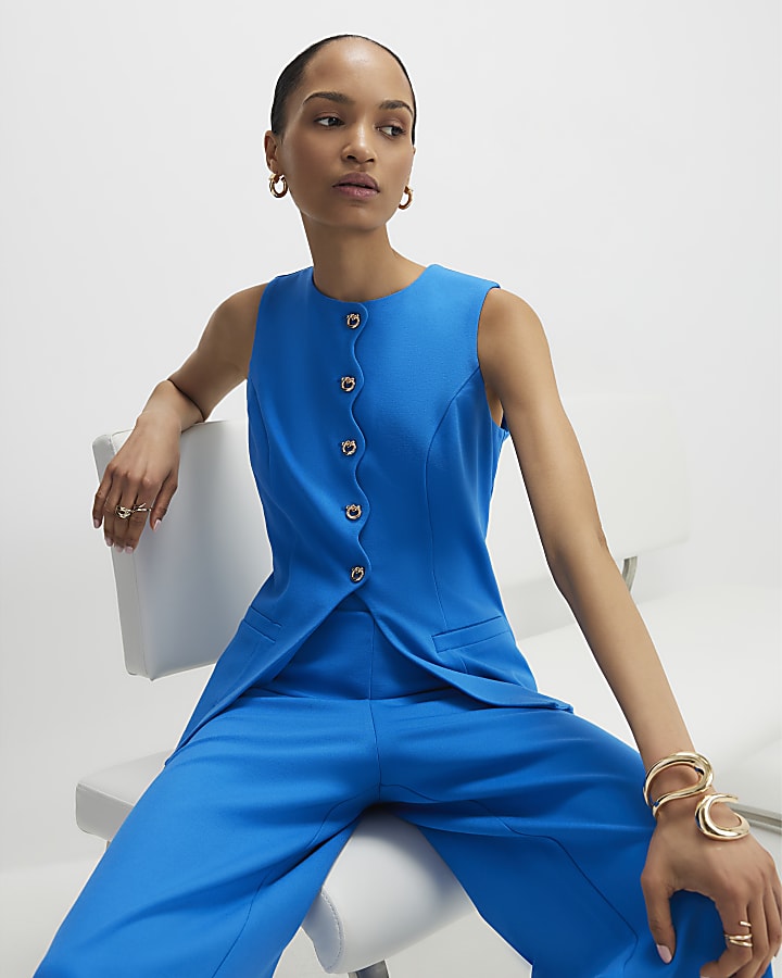 Blue Scallop Trim Tailored Waistcoat