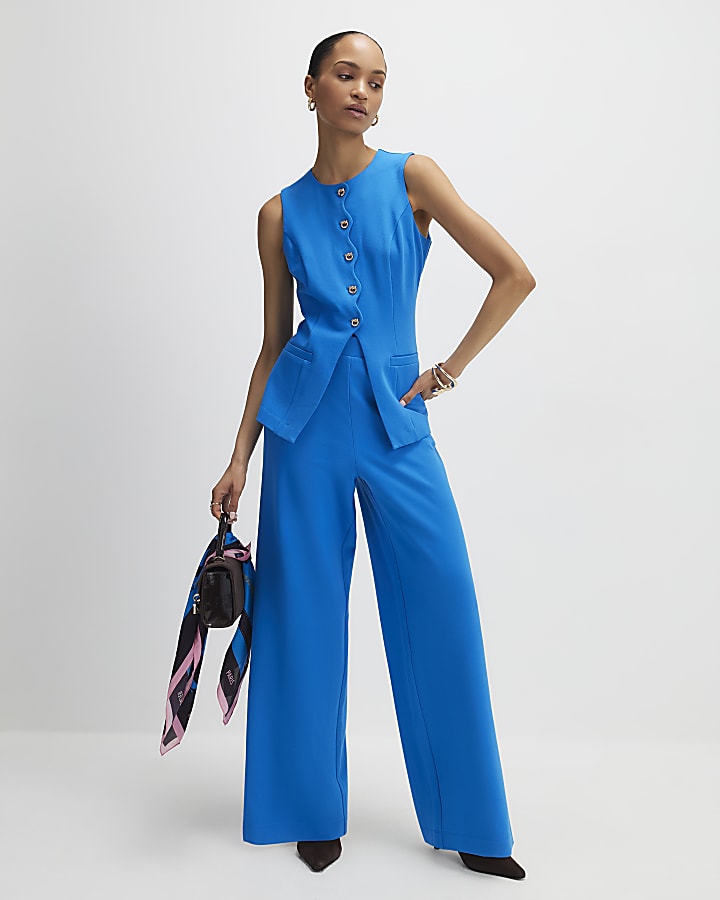 Blue Scallop Trim Tailored Waistcoat