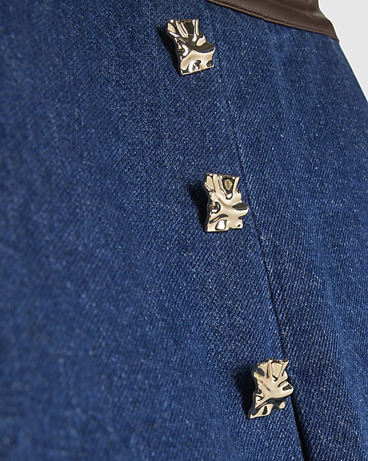 Blue Denim Faux Leather Pleated Mini Skort