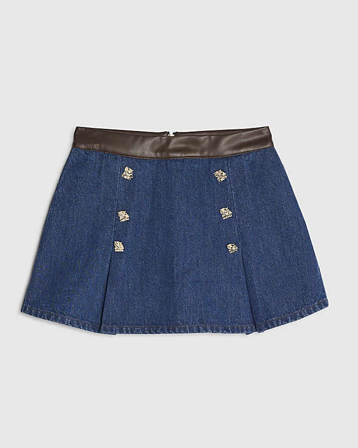 Blue Denim Faux Leather Pleated Mini Skort