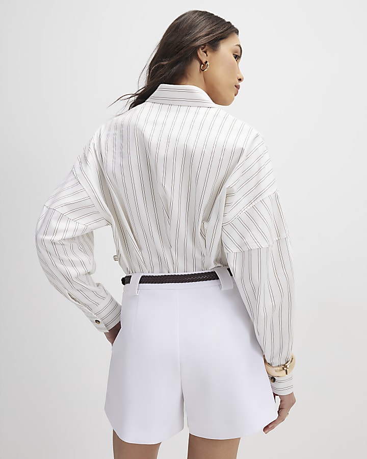 White Plaited Belted Shorts