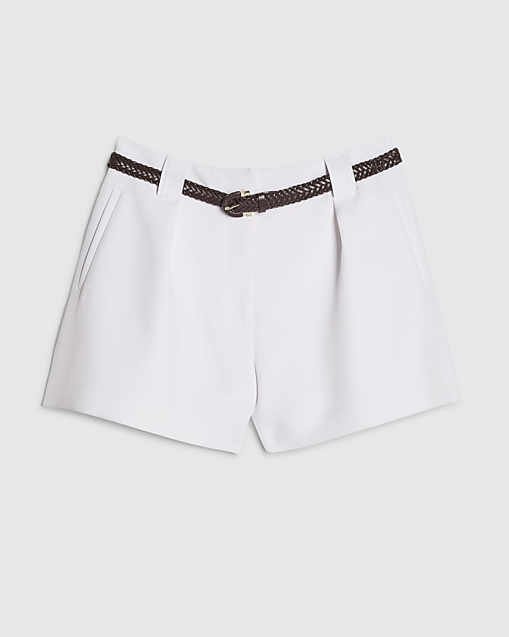 White Plaited Belted Shorts
