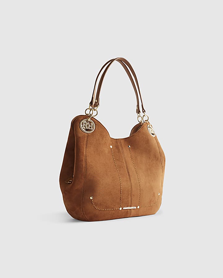 Brown Branded Eyelet Slouch Shoulder Bag