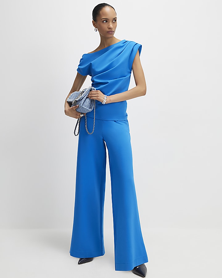 Blue Stretch Wide Leg Trousers
