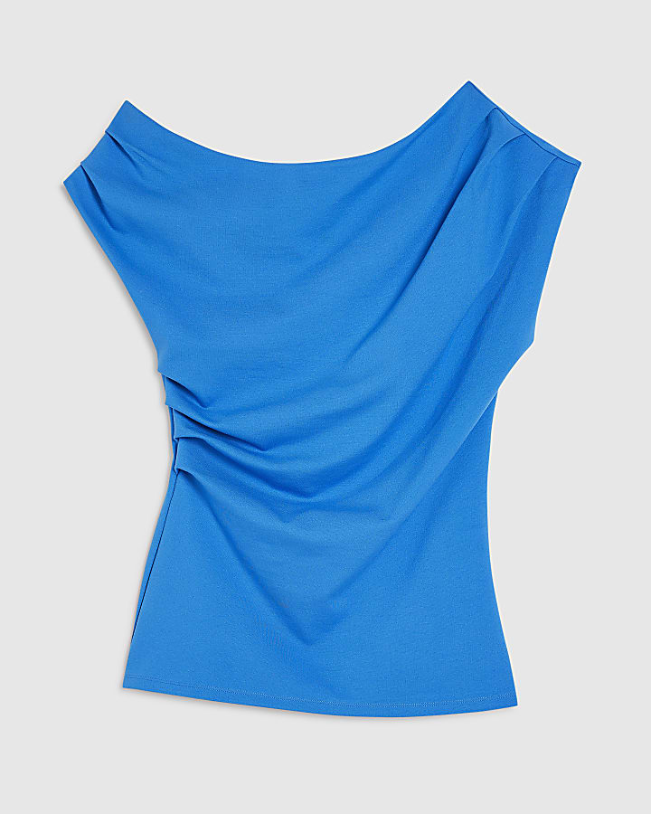 Blue Sleeveless Ponte Drape Top
