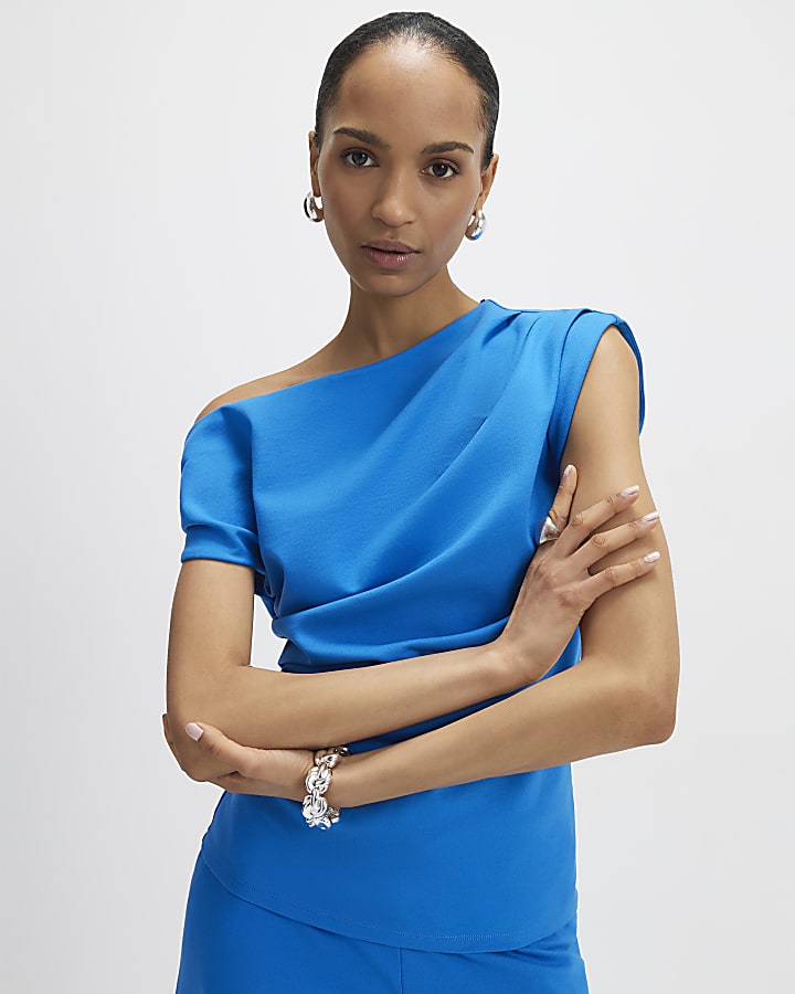 Blue Sleeveless Ponte Drape Top