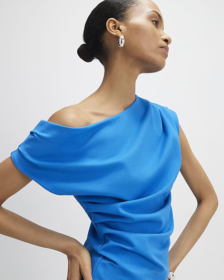 Blue Sleeveless Ponte Drape Top