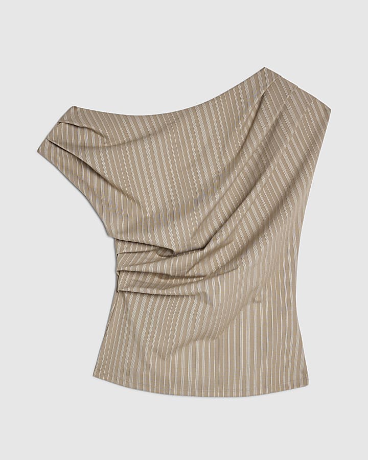 Beige Sleeveless Striped Drape Top