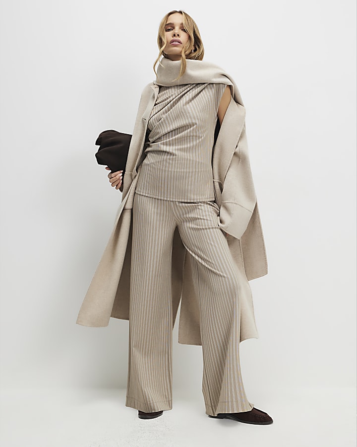 Beige Sleeveless Striped Drape Top