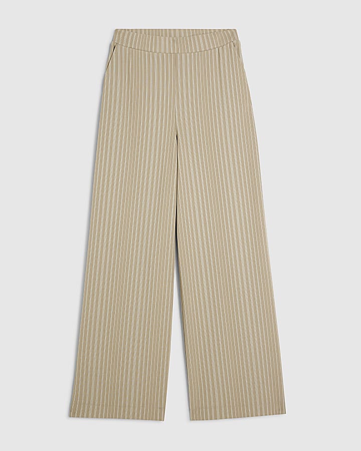 Beige Striped Wide Leg Trousers