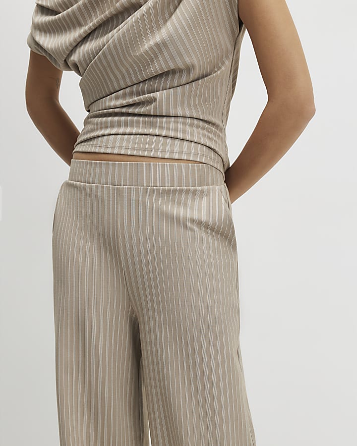 Beige Striped Wide Leg Trousers