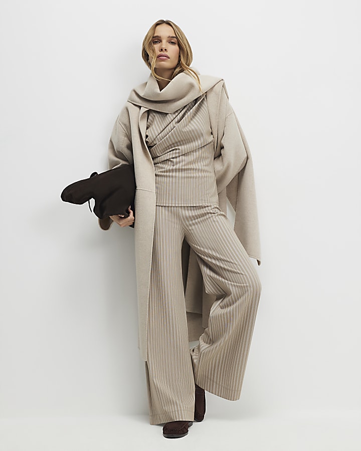 Beige Striped Wide Leg Trousers