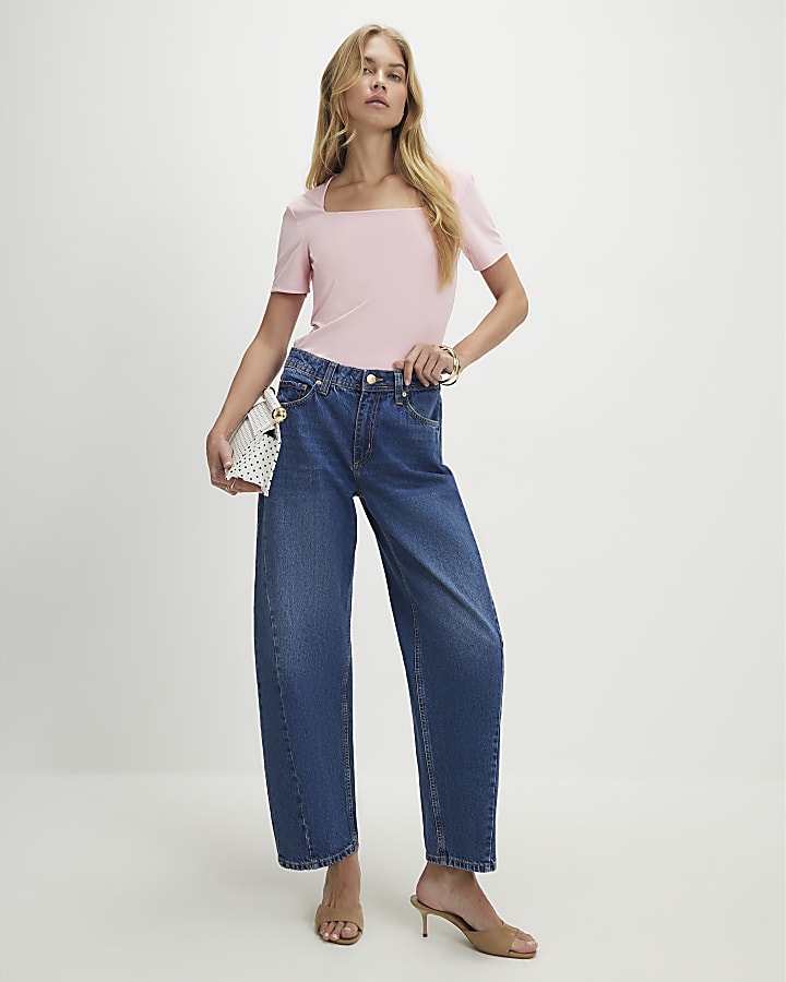 Pink Square Neck Fitted Top