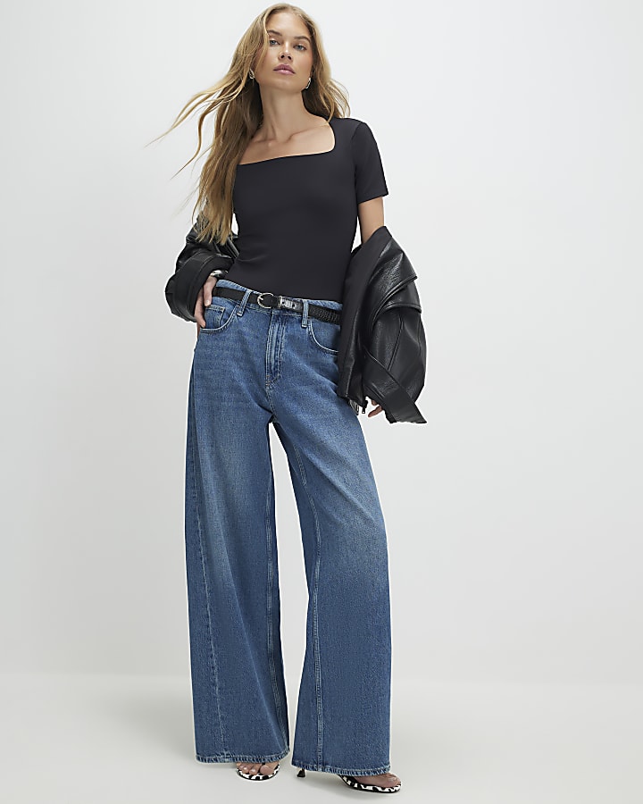 Black Square Neck Fitted Top