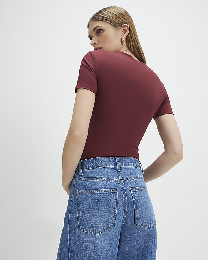 Red Square Neck Fitted Top