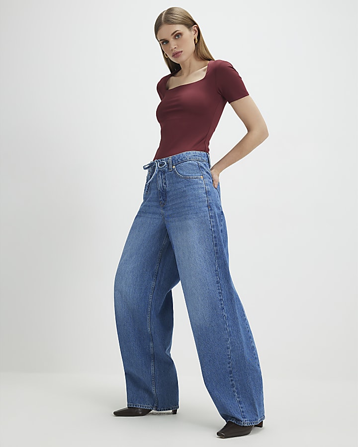 Red Square Neck Fitted Top