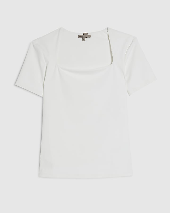 White Square Neck Fitted T-shirt