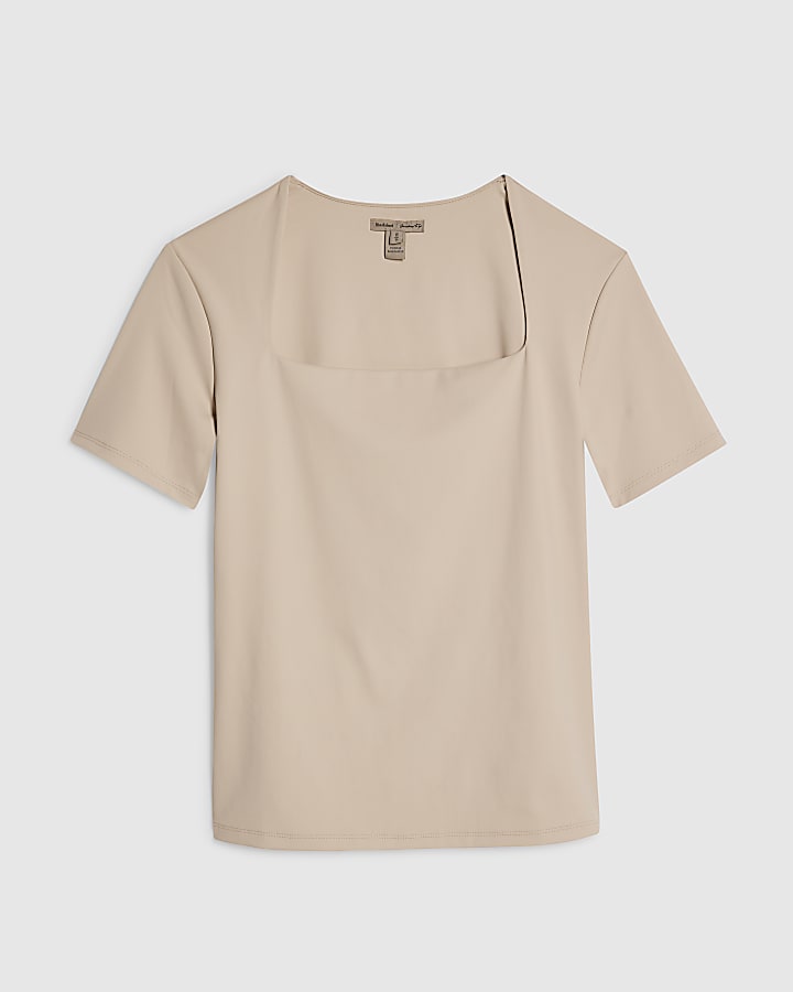 Beige Square Neck Fitted T-shirt