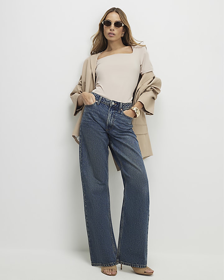 Beige Square Neck Fitted T-shirt