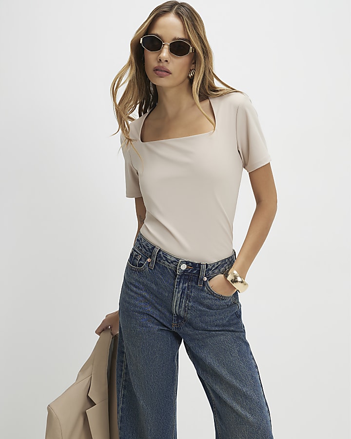 Beige Square Neck Fitted T-shirt