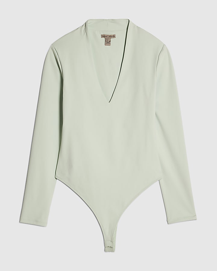 Green Plunge Neckline Long Sleeve Bodysuit