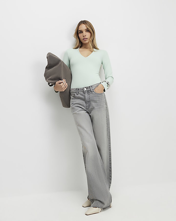 Green Plunge Neckline Long Sleeve Bodysuit