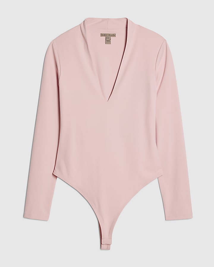 Pink Plunge Neckline Long Sleeve Bodysuit
