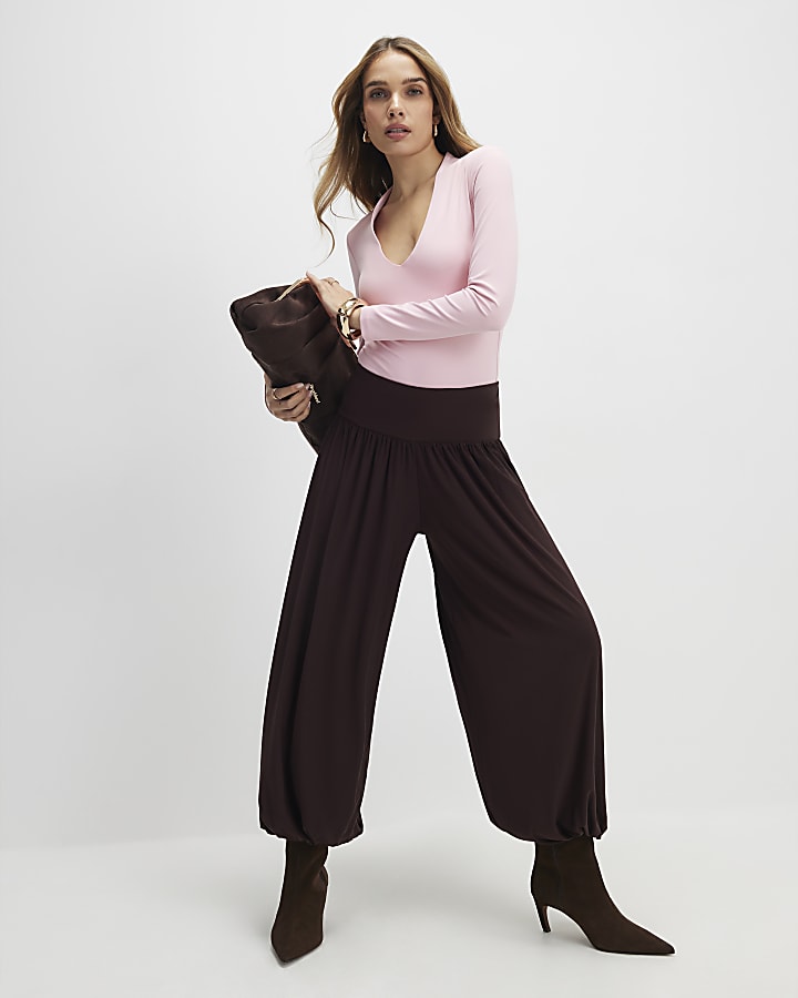 Pink Plunge Neckline Long Sleeve Bodysuit