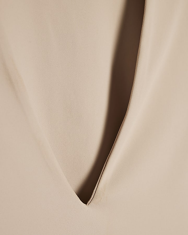 Beige Plunge Neckline Long Sleeve Bodysuit