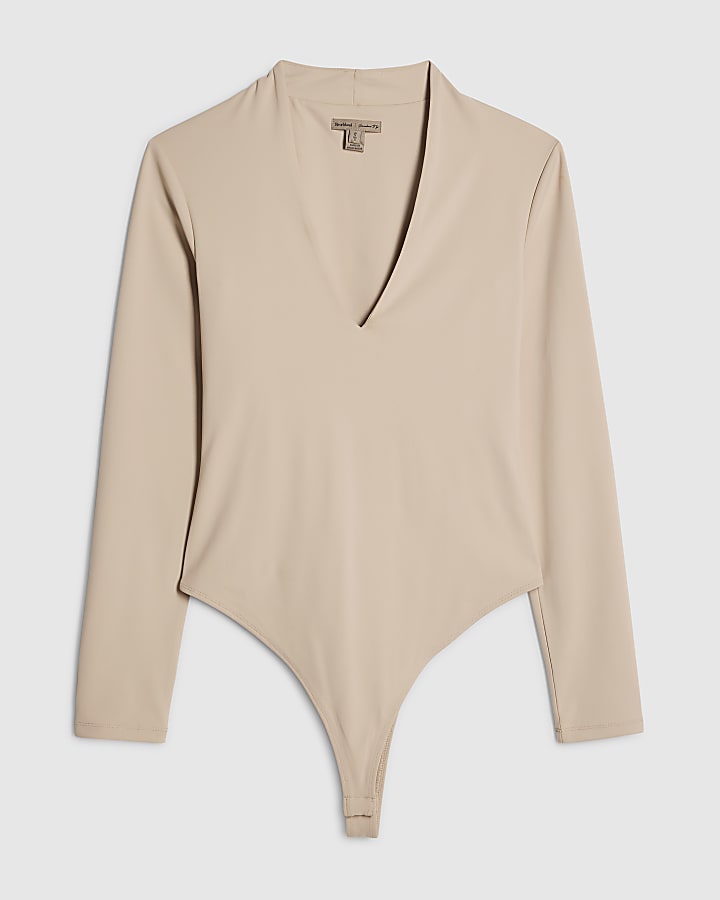 Beige Plunge Neckline Long Sleeve Bodysuit