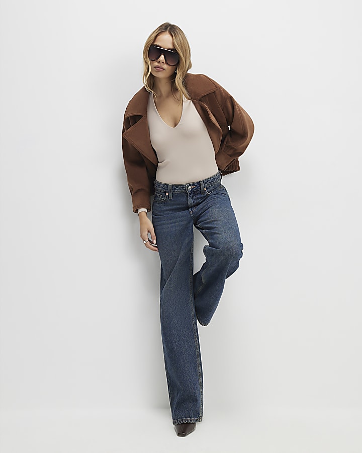 Beige Plunge Neckline Long Sleeve Bodysuit