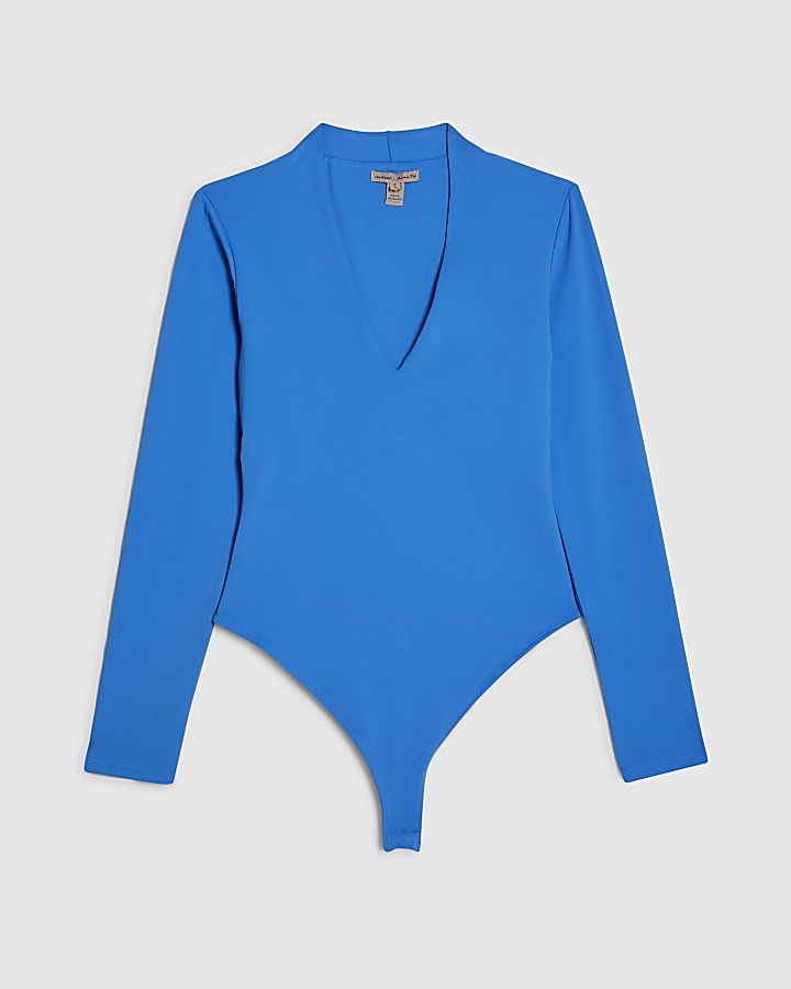 Blue Plunge Neckline Long Sleeve Bodysuit