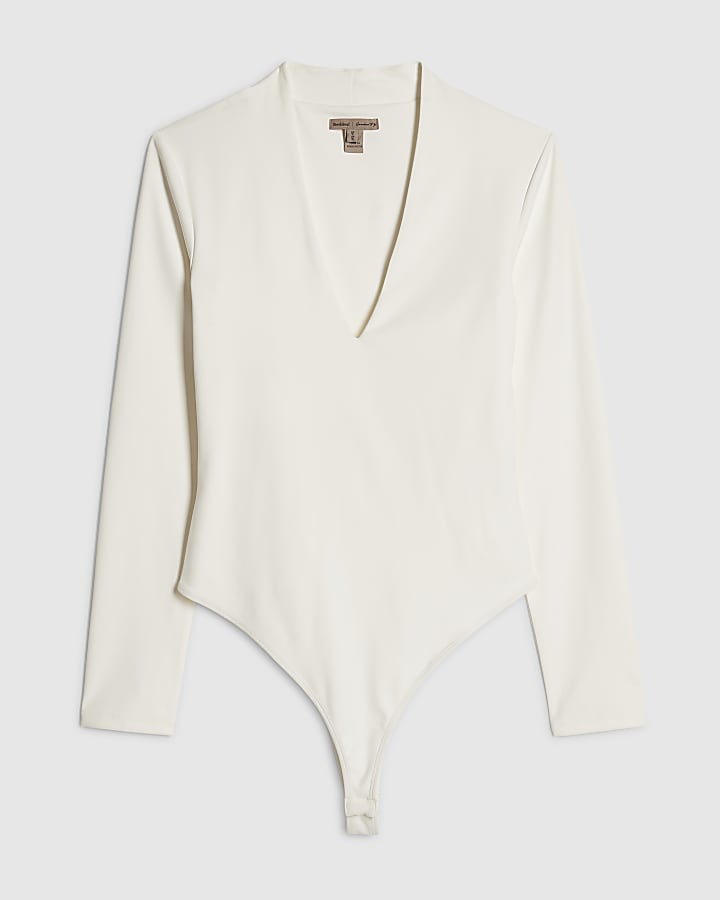 White Plunge Neckline Long Sleeve Bodysuit
